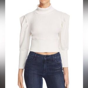Free People Lala Puff Sleeve Ribbed White Cropped Top Size Large